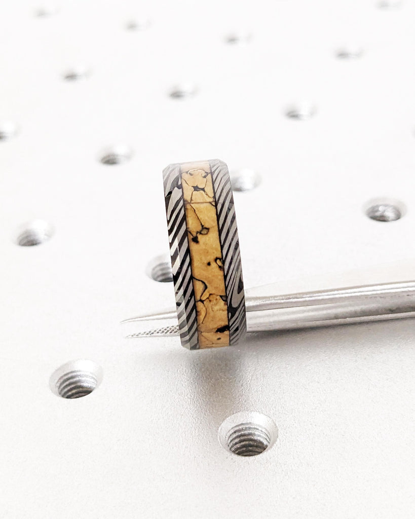 Black Tungsten Wedding Band: Mokume Gane Damascus Pattern & Dinosaur Bone Inlay, Polished Finish, 8mm