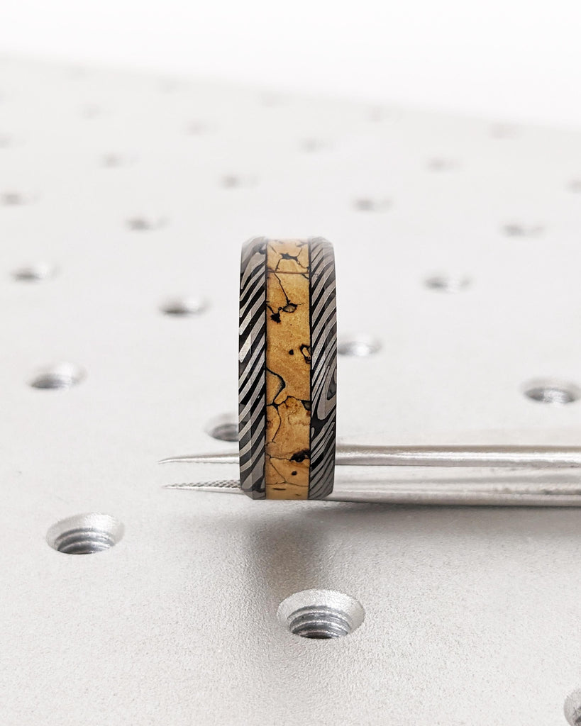 Black Tungsten Wedding Band: Mokume Gane Damascus Pattern & Dinosaur Bone Inlay, Polished Finish, 8mm