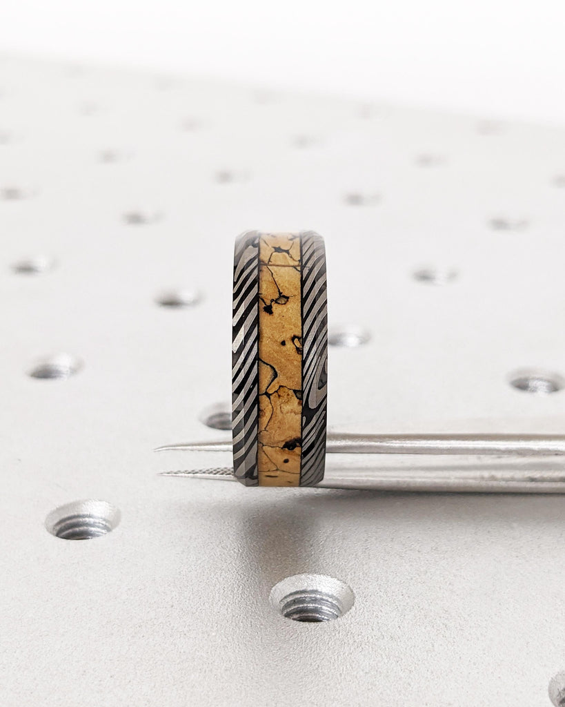 Black Tungsten Wedding Band | Mokume Gane Pattern Damascus Ring | Dinosaur Bone Fossil Inlay | Polished Finish | Anniversary Men's Ring 8mm