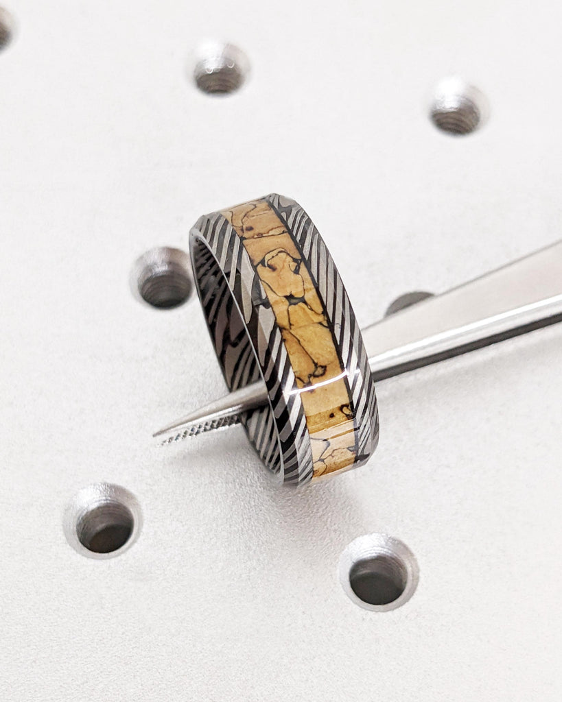 Black Tungsten Wedding Band: Mokume Gane Damascus Pattern & Dinosaur Bone Inlay, Polished Finish, 8mm