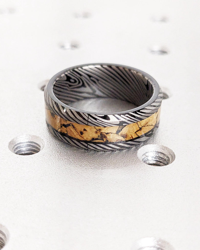 Black Tungsten Wedding Band | Mokume Gane Pattern Damascus Ring | Dinosaur Bone Fossil Inlay | Brushed Finish | Anniversary Men's Ring 8mm