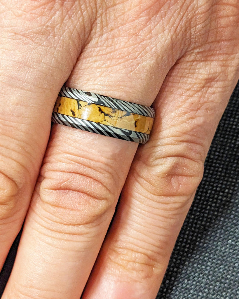Black Tungsten Wedding Band | Mokume Gane Pattern Damascus Ring | Dinosaur Bone Fossil Inlay | Brushed Finish | Anniversary Men's Ring 8mm