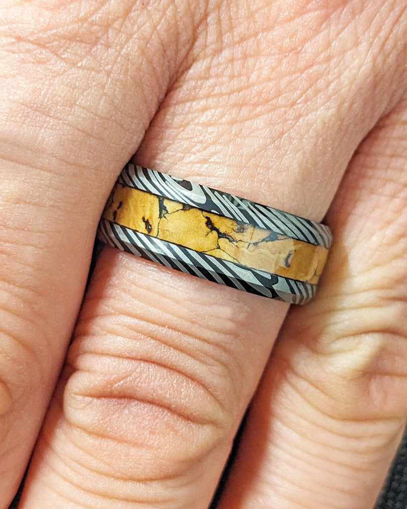 Black Tungsten Wedding Band | Mokume Gane Pattern Damascus Ring | Dinosaur Bone Fossil Inlay | Brushed Finish | Anniversary Men's Ring 8mm