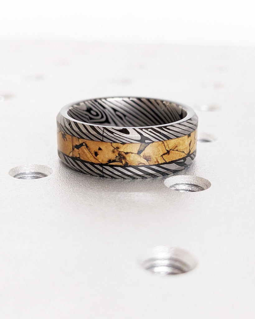 Black Tungsten Wedding Band | Mokume Gane Pattern Damascus Ring | Dinosaur Bone Fossil Inlay | Brushed Finish | Anniversary Men&#39;s Ring 8mm