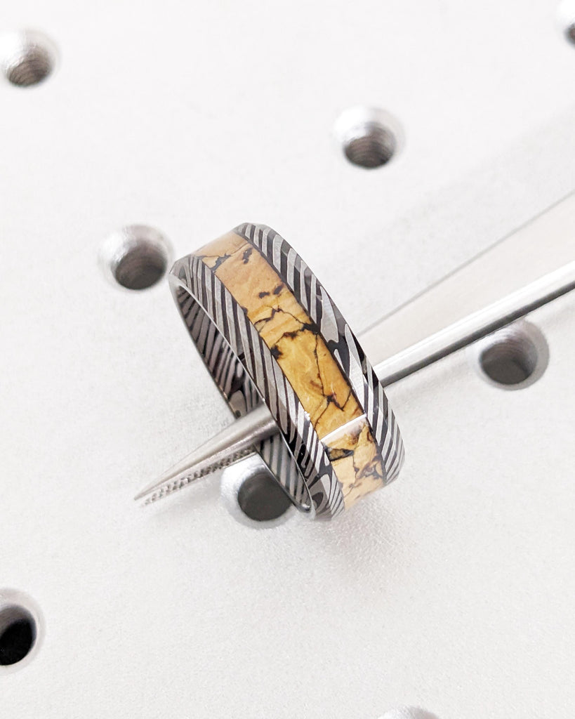 Black Tungsten Wedding Band: Mokume Gane Damascus Pattern & Dinosaur Bone Inlay, Brushed Finish, 8mm