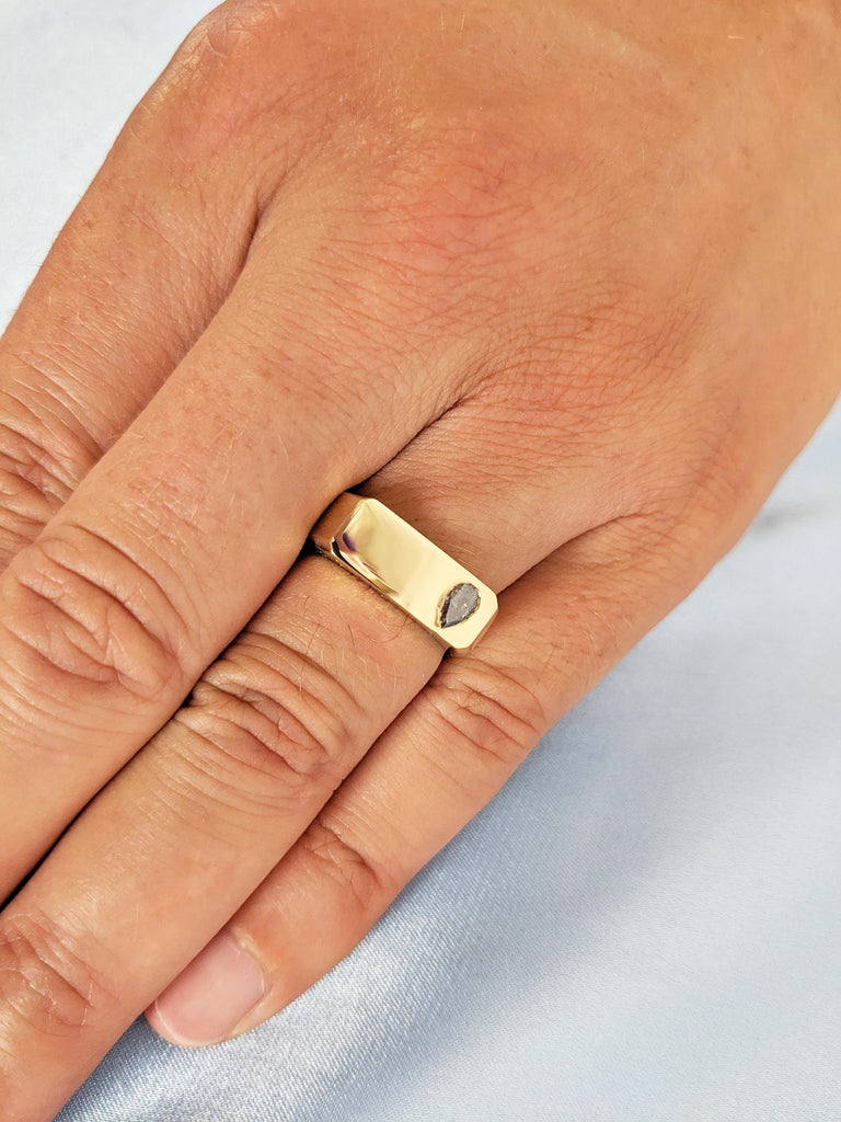 6.5mm Salt and Pepper Diamond Men’s Wedding Ring, 14K Yellow Gold Signet Style Men's Ring