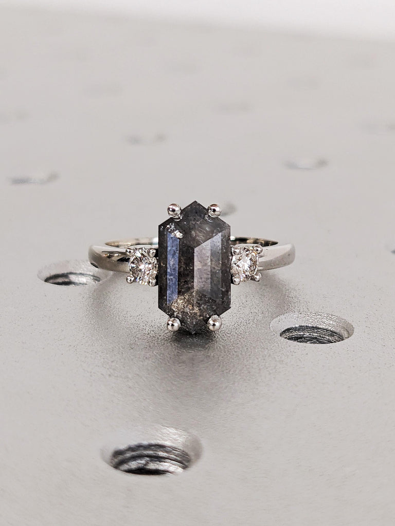Platinum Hexagon Cut Raw Salt and Pepper Diamond Engagement Ring, Vintage Salt & Pepper Wedding Ring, Icy Diamond Wedding Ring, Gift For Her