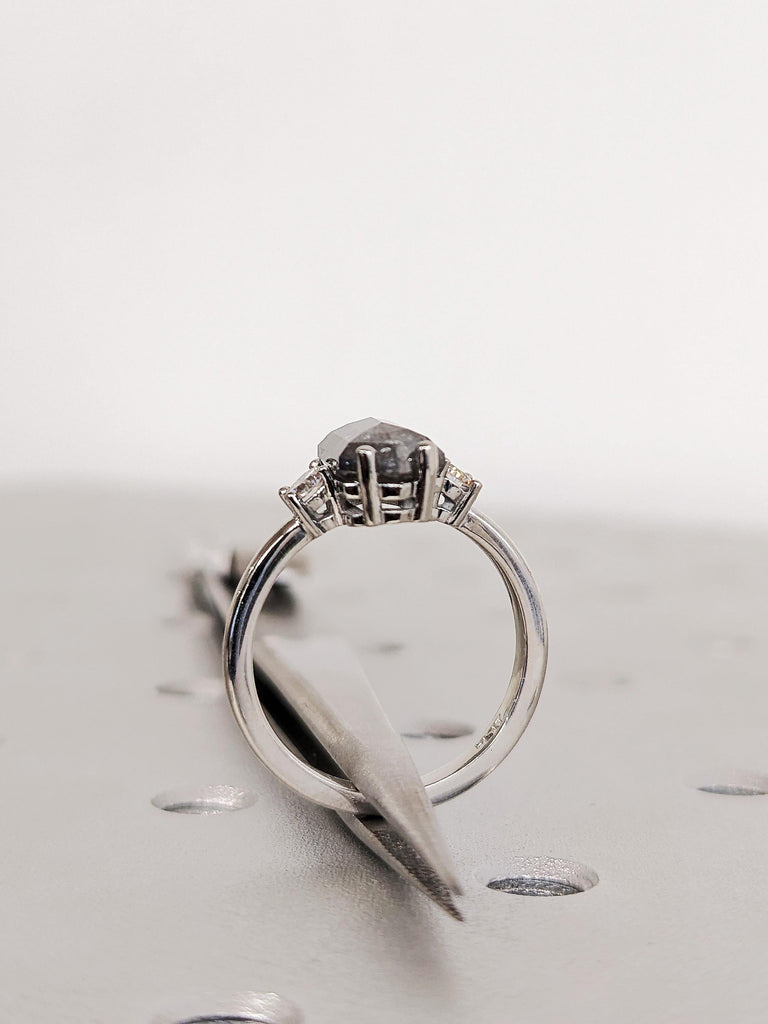 Vintage Hexagon Cut Salt and Pepper Diamond Ring, Platinum Raw Diamond Engagement Ring, Three Stone Wedding Ring, Gothic Jewelry