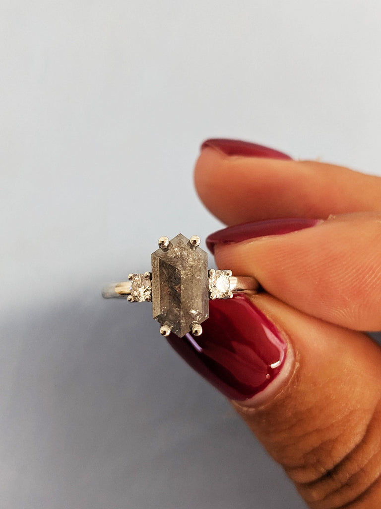 Platinum Hexagon Cut Raw Salt and Pepper Diamond Engagement Ring, Vintage Salt & Pepper Wedding Ring, Icy Diamond Wedding Ring, Gift For Her