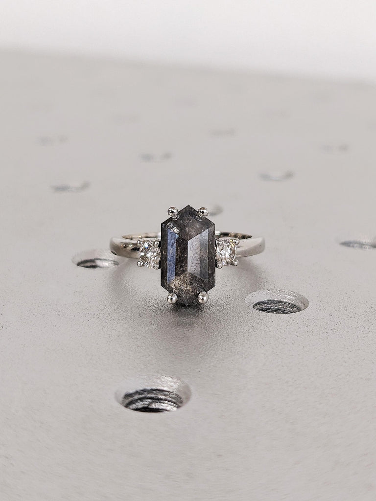 Vintage Hexagon Cut Salt and Pepper Diamond Ring, Platinum Raw Diamond Engagement Ring, Three Stone Wedding Ring, Gothic Jewelry