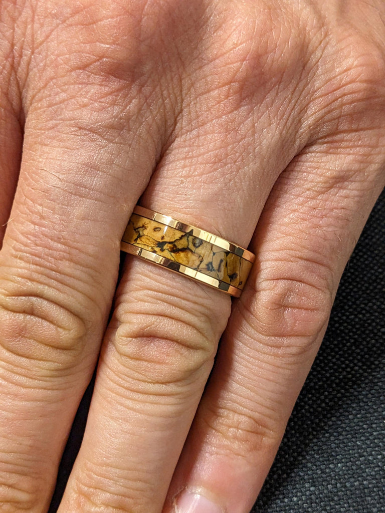 Comfort Fit 8MM Unique Wedding Band for Him: Rose Gold Plated Tungsten Carbide, Dinosaur Pattern Inlay