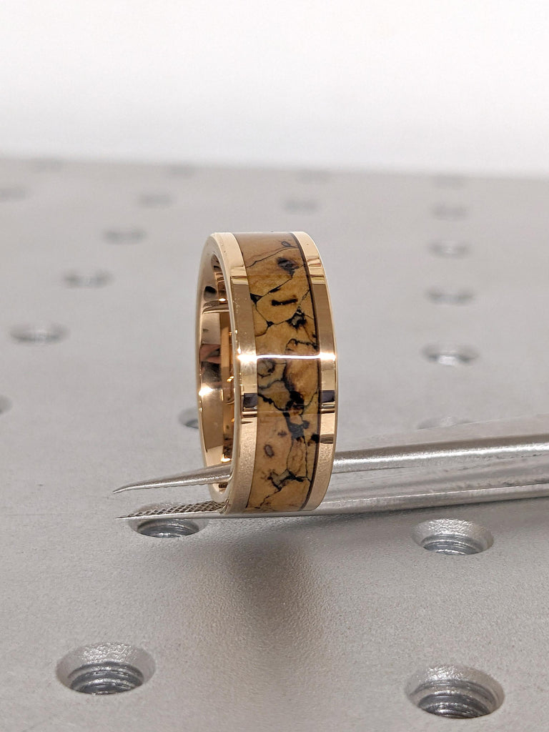 Comfort Fit 8MM Unique Wedding Band for Him: Rose Gold Plated Tungsten Carbide, Dinosaur Pattern Inlay