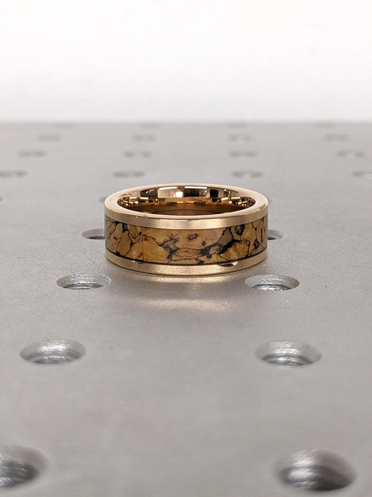 T-Rex Bone Inlay Rose Gold Tungsten Men&#39;s Engagement Ring | Scratch Resistant 8MM Male Wedding Band | Polished Shiny His Wedding Ring