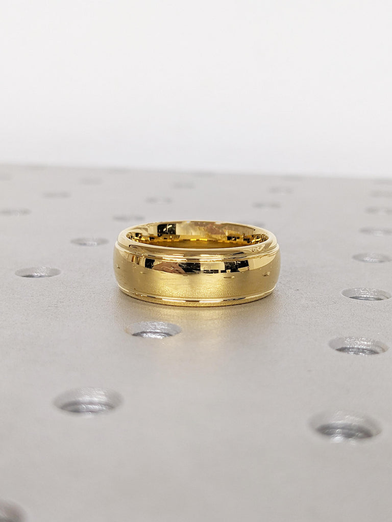 Unique Men's Wedding Band, 8mm Dome Tungsten Ring, Dainty Yellow Gold Plated Men's Engagement Ring, Comfort Fit Polished Stacking Ring