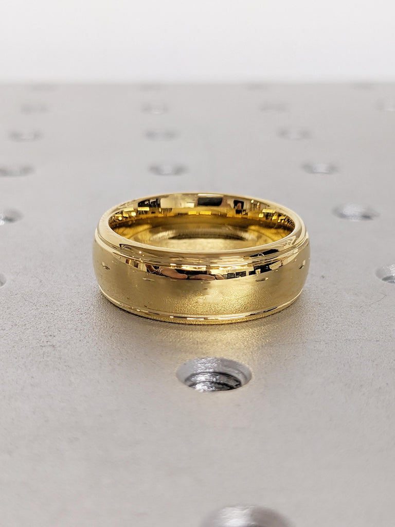 Unique Men's Wedding Band, 8mm Dome Tungsten Ring, Dainty Yellow Gold Plated Men's Engagement Ring, Comfort Fit Polished Stacking Ring