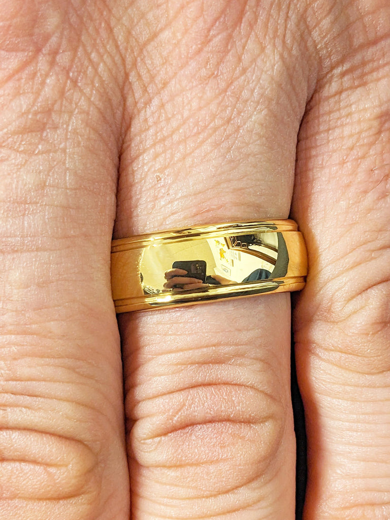 Unique Men's Wedding Band, 8mm Dome Tungsten Ring, Dainty Yellow Gold Plated Men's Engagement Ring, Comfort Fit Polished Stacking Ring