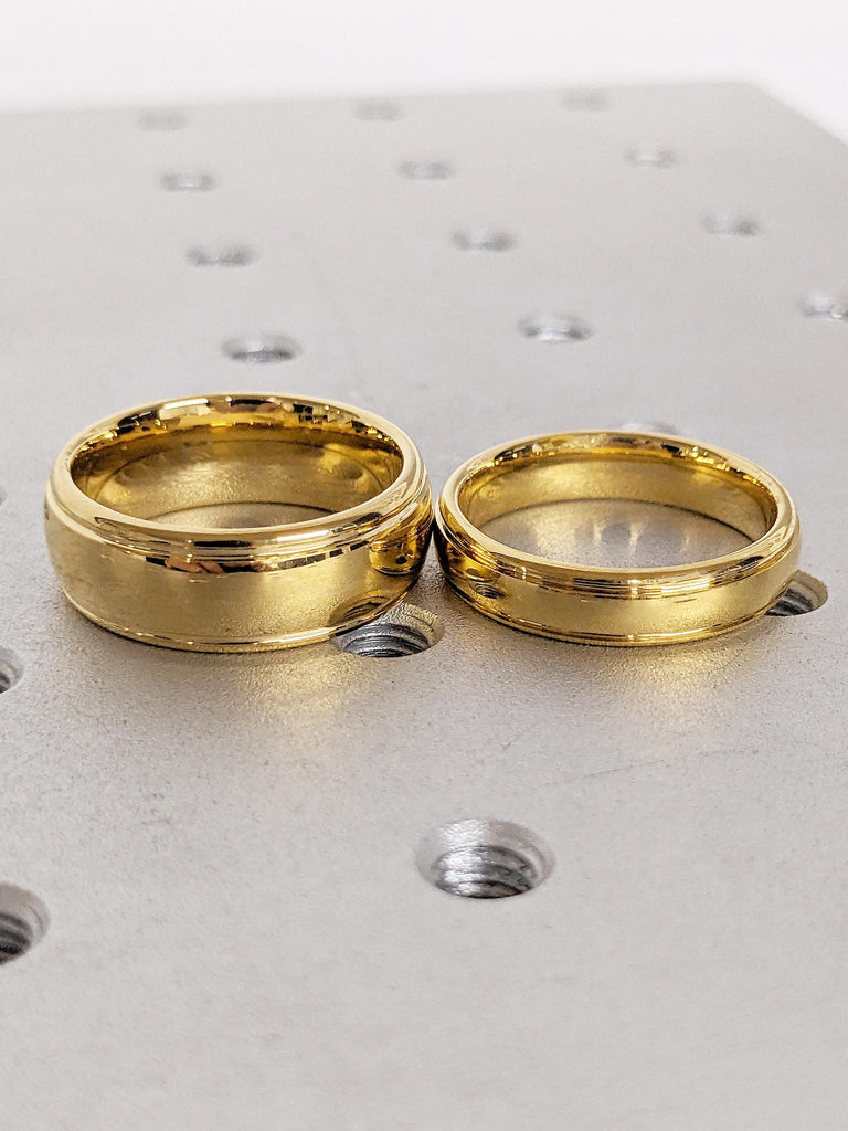 Polished Yellow Gold Tungsten Ring, Domed Wedding Band, 8mm & 5mm His and Hers Rings, Custom Ring, Couples Jewelry, Comfort Fit Ring
