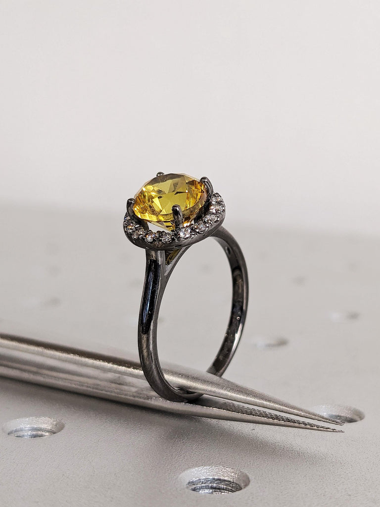 September Birthstone Engagement Ring, Round Yellow Sapphire Anniversary Wedding Band, Diamond Halo Promise Ring
