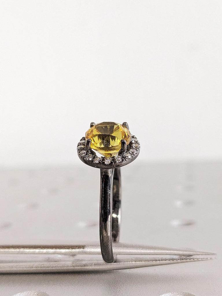 Yellow Lab Sapphire and Diamond Halo Engagement Ring, 14K Black Gold Pisces Birthstone, Unique Women's Anniversary Ring, Everyday Jewelry