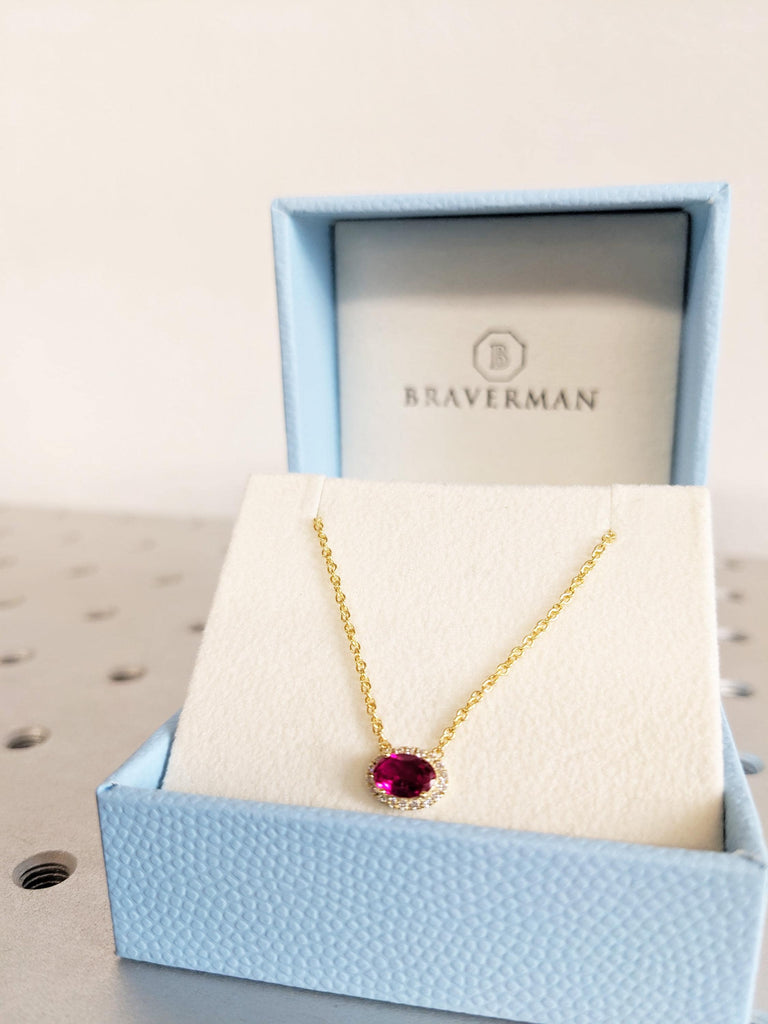 Lab Grown Vintage Style Ruby Pendant with Diamond Halo, 14K Yellow Gold Oval Ruby Necklace, Red Ruby Necklace For Her, Ruby Jewelry Gift