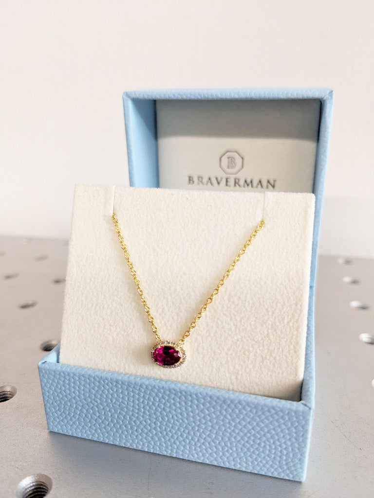 14K Yellow Gold Oval Ruby Pendant, Lab Grown Ruby Necklace with Diamond Halo, Vintage Style Red Gemstone Jewelry