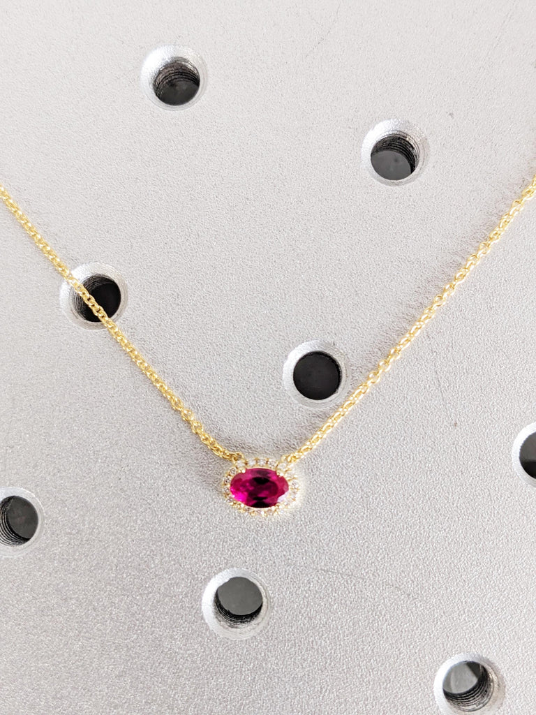14K Yellow Gold Oval Ruby Pendant, Lab Grown Ruby Necklace with Diamond Halo, Vintage Style Red Gemstone Jewelry