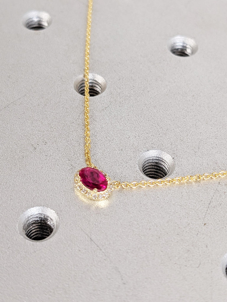 Lab Grown Vintage Style Ruby Pendant with Diamond Halo, 14K Yellow Gold Oval Ruby Necklace, Red Ruby Necklace For Her, Ruby Jewelry Gift