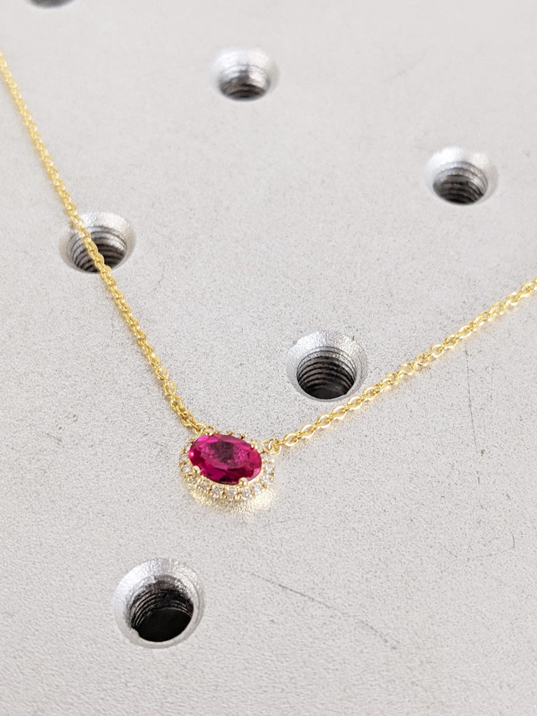 Lab Grown Vintage Style Ruby Pendant with Diamond Halo, 14K Yellow Gold Oval Ruby Necklace, Red Ruby Necklace For Her, Ruby Jewelry Gift