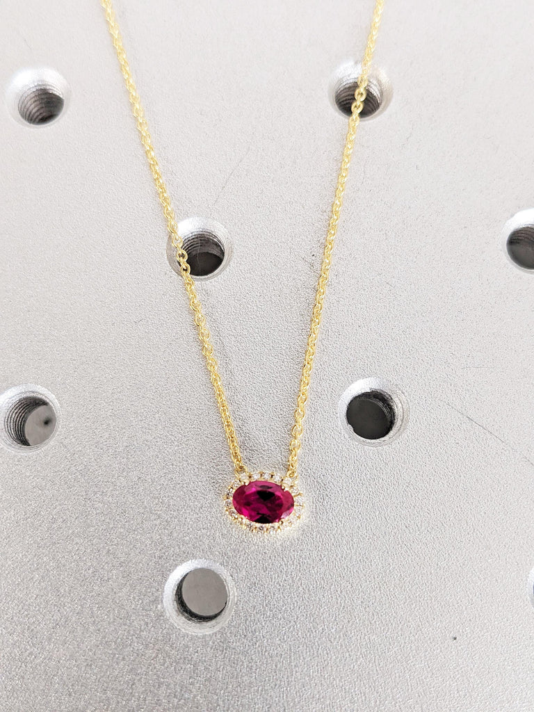Lab Grown Vintage Style Ruby Pendant with Diamond Halo, 14K Yellow Gold Oval Ruby Necklace, Red Ruby Necklace For Her, Ruby Jewelry Gift