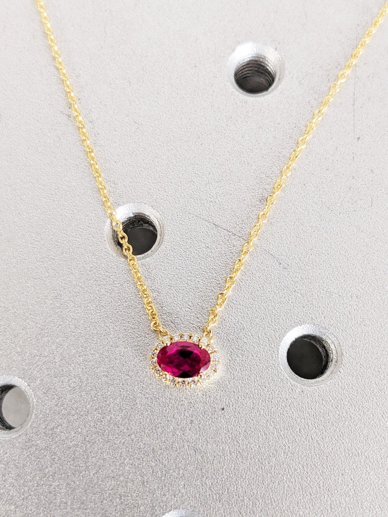 Lab Grown Vintage Style Ruby Pendant with Diamond Halo, 14K Yellow Gold Oval Ruby Necklace, Red Ruby Necklace For Her, Ruby Jewelry Gift