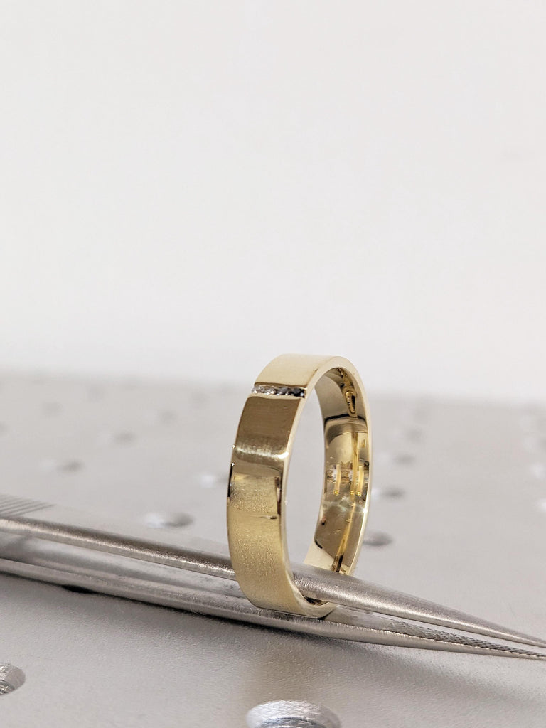 Men’s Ombre Diamond Engagement Ring, 14K Yellow Gold Brushed Finish Band, Solid Gold Men’s Wedding Ring