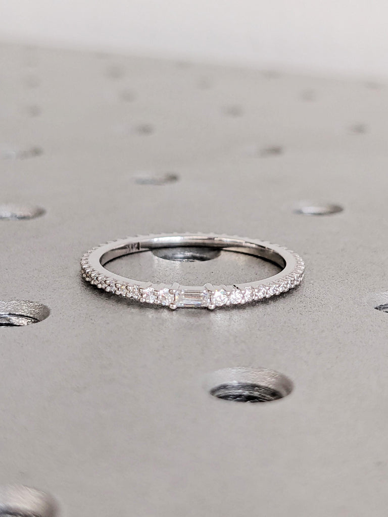 Diamond Stacking Ring, Dainty 14K Gold White Diamond Wedding Band, Thin Full Eternity Matching Engagement Ring, Custom Bridal Jewelry