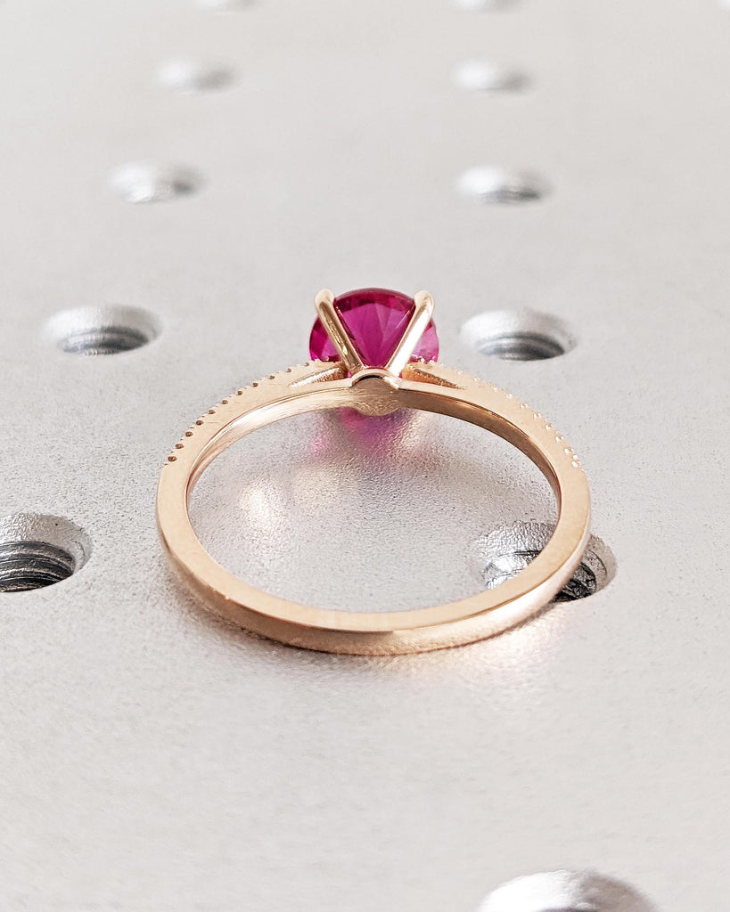 Vintage Ruby & Moissanite Engagement Ring for Women | 14K Rose Gold Ruby Ring | Round Cut Lab Ruby | Cathedral Setting | Half Eternity Band