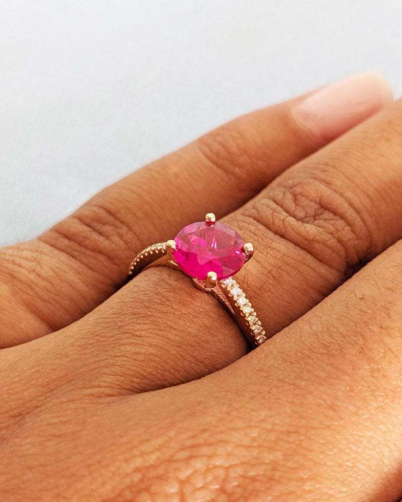 Round Ruby Ring: 14K Rose Gold, Lab Ruby, Half Eternity Pavé Moissanites, Dainty Promise Ring