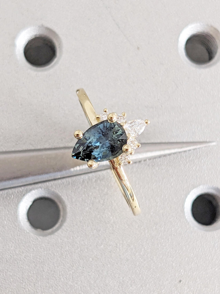 1 Carat Teal Sapphire Engagement Ring, Moissanite and Sapphire Ring, Dainty 14k Yellow Gold Promise Ring for Women, Blue Green Gemstone Ring