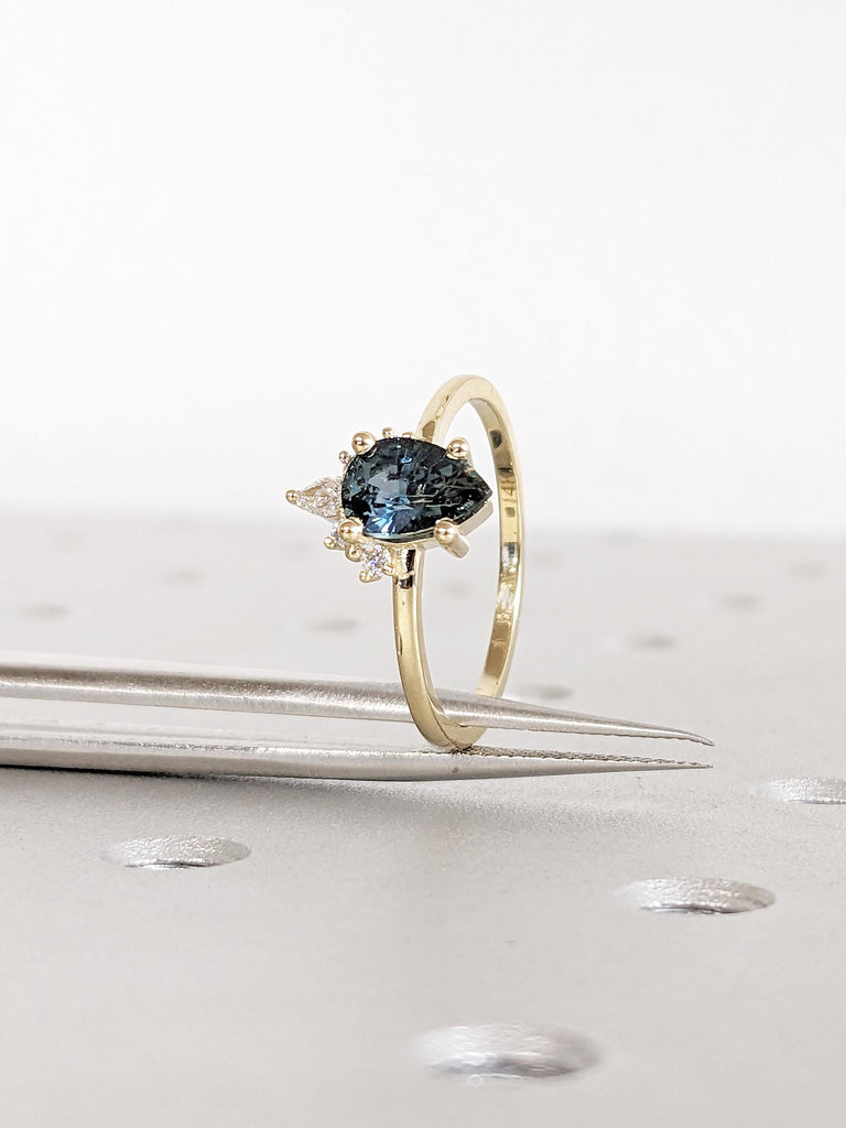 1 Carat Teal Sapphire Engagement Ring, Moissanite and Sapphire Ring, Dainty 14k Yellow Gold Promise Ring for Women, Blue Green Gemstone Ring