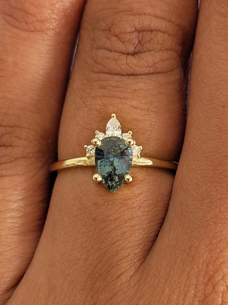 Dainty 14k Yellow Gold Promise Ring for Women, Blue Green Gemstone Ring