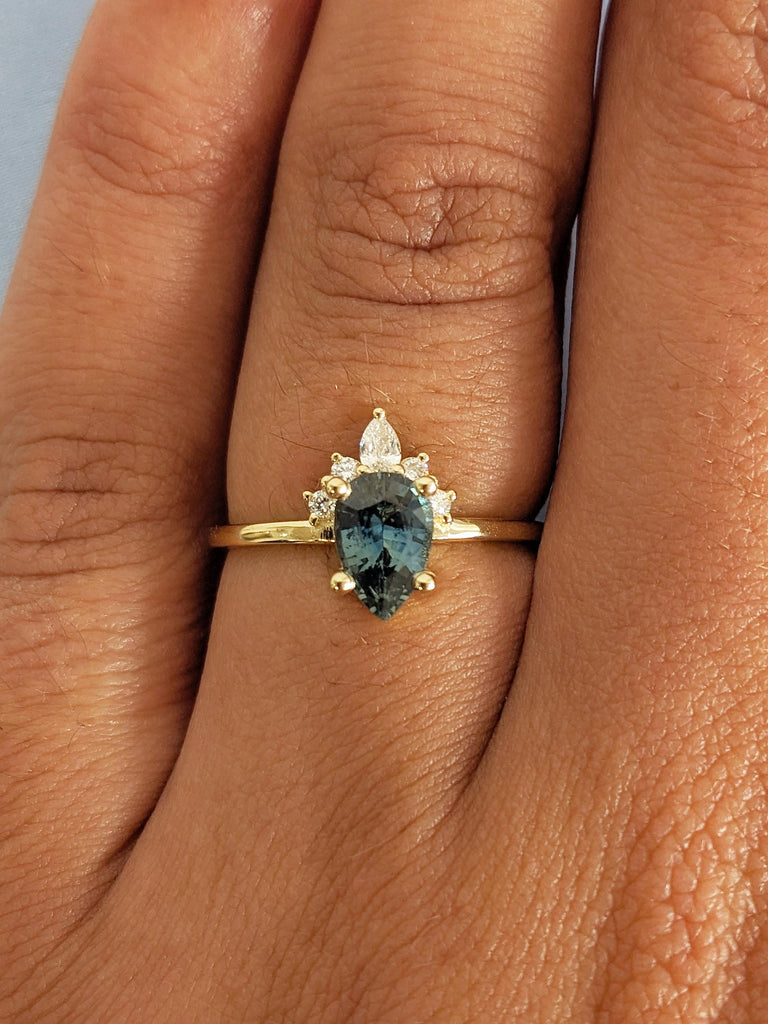 1ct Pear Cut Diamond & Montana Sapphire Engagement Ring, 14k Solid Gold Birthstone Ring