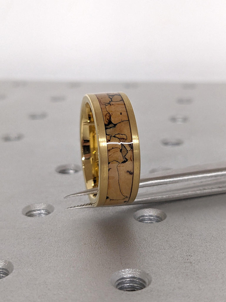 8MM Brushed Tungsten Carbide Male Wedding Ring: Comfort Fit, Fossil Bone Pattern, Yellow Gold Plated