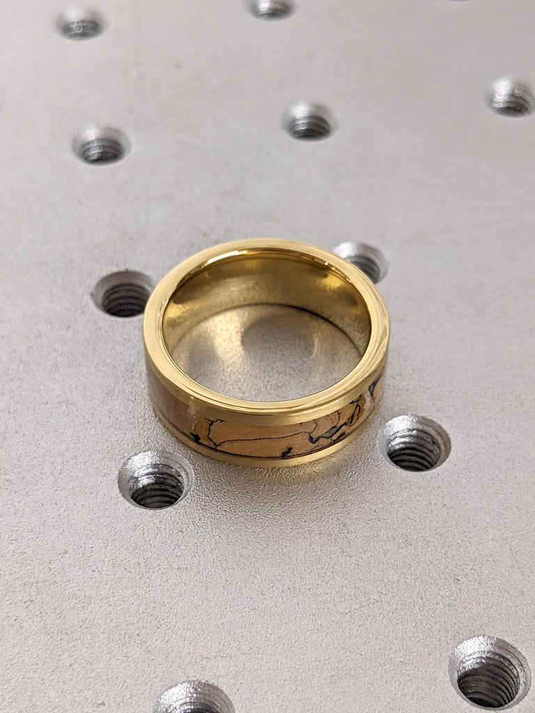 8MM Brushed Tungsten Carbide Male Wedding Ring: Comfort Fit, Fossil Bone Pattern, Yellow Gold Plated