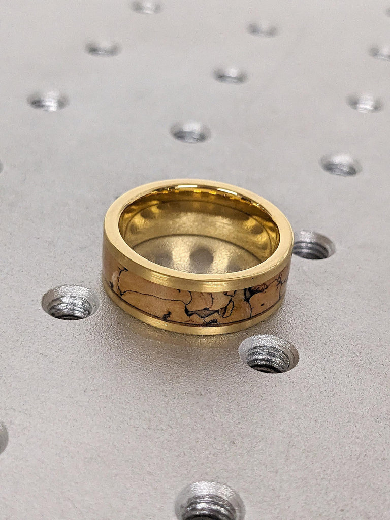 Yellow Gold Tungsten Ring Men's Jewelry | Dinosaur Fossil Bone Inlay Unique Wedding Band | Rustic Manly Bands | Gift for Husband