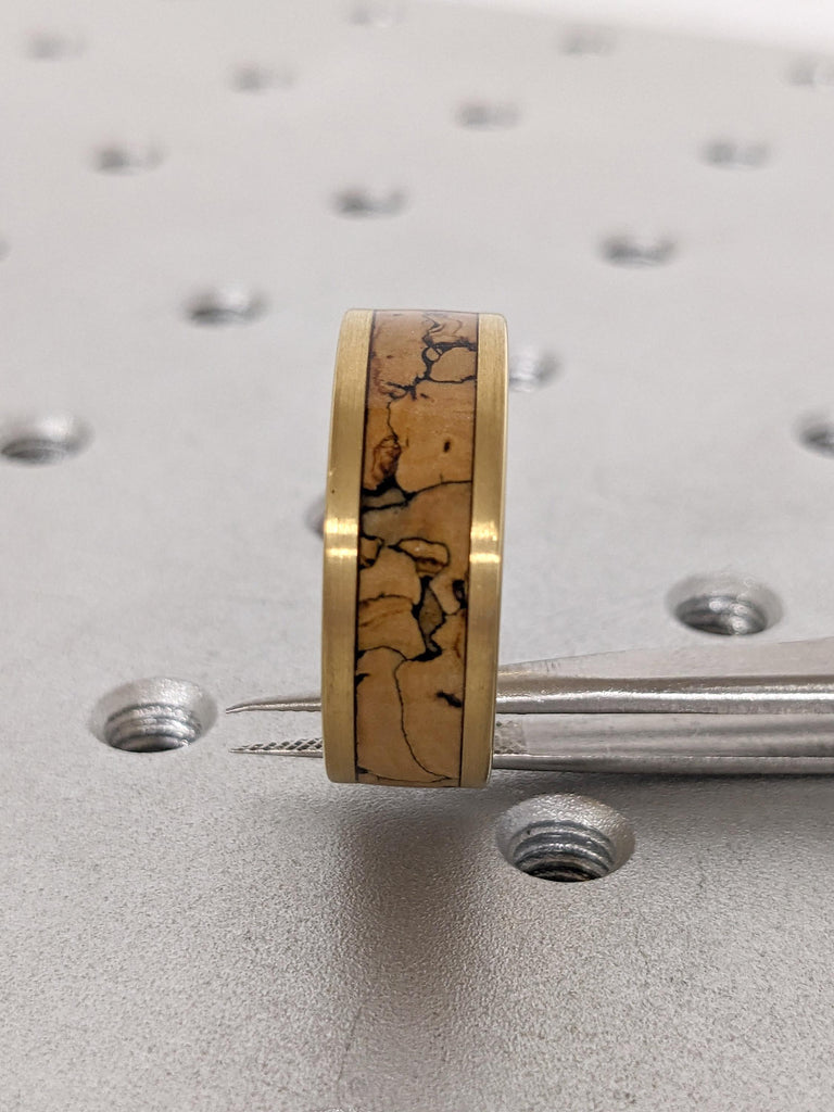 Yellow Gold Tungsten Ring Men's Jewelry | Dinosaur Fossil Bone Inlay Unique Wedding Band | Rustic Manly Bands | Gift for Husband