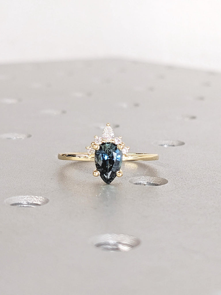 1 Carat Teal Sapphire Engagement Ring, Moissanite and Sapphire Ring, Dainty 14k Yellow Gold Promise Ring for Women, Blue Green Gemstone Ring
