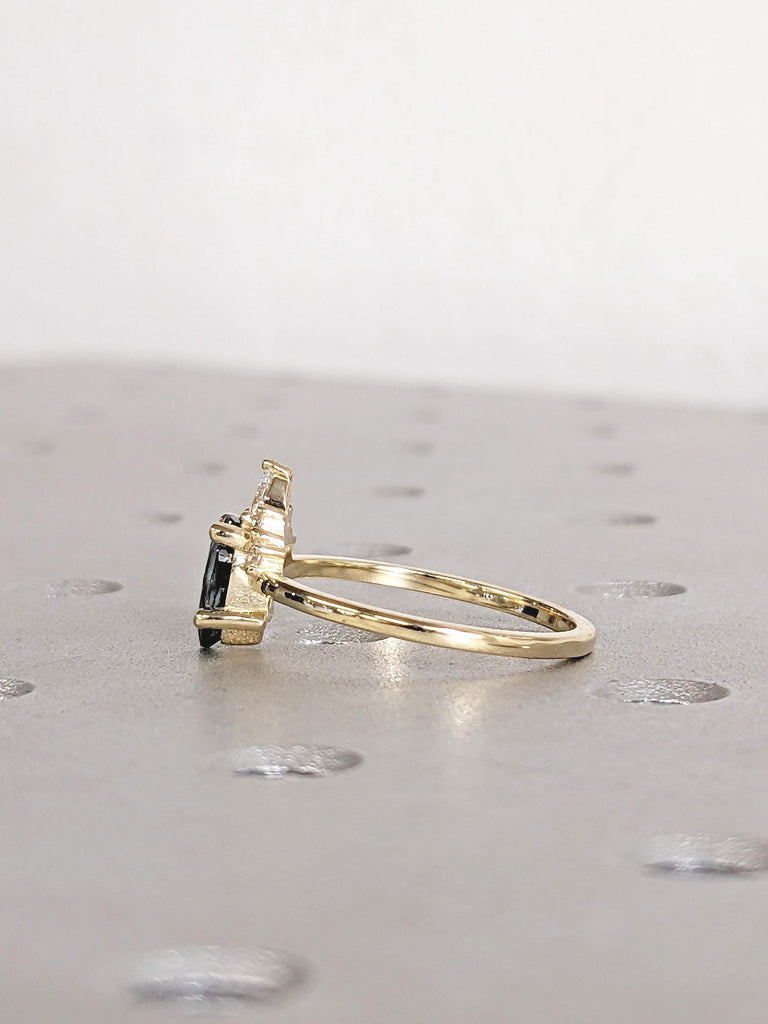 1ct Pear Cut Diamond & Montana Sapphire Engagement Ring, 14k Solid Gold Birthstone Ring