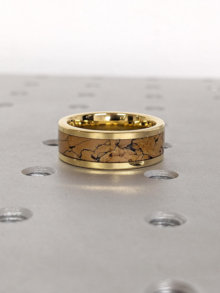 Scratch Resistant Tungsten Carbide 8MM Wedding Ring | Unique Fossil Bone Inlay Yellow Gold Men's Ring | Polished Finish Handmade Jewelry