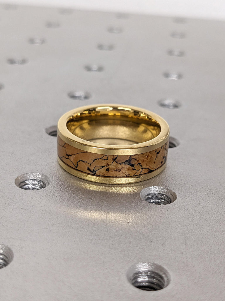 Rustic Mens' Engagement Ring in Yellow Gold Plated Tungsten: 8MM Wide, Comfort Fit, Dinosaur Bone Pattern Inlay, Polished Finishing