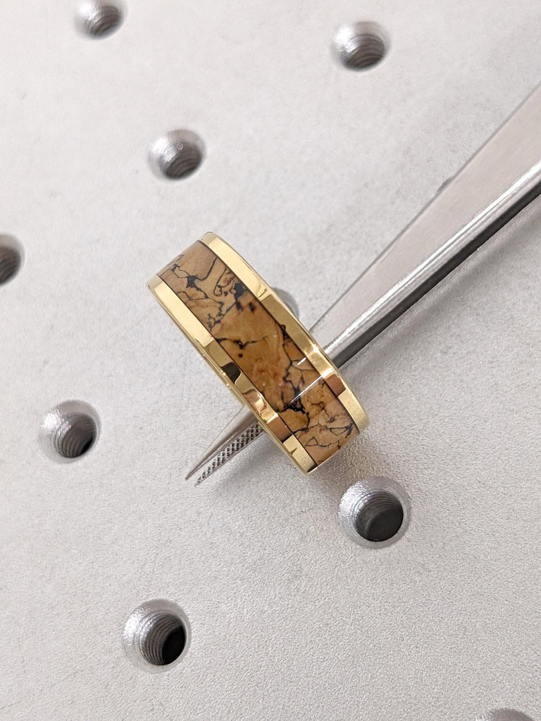 Scratch Resistant Tungsten Carbide 8MM Wedding Ring | Unique Fossil Bone Inlay Yellow Gold Men&#39;s Ring | Polished Finish Handmade Jewelry