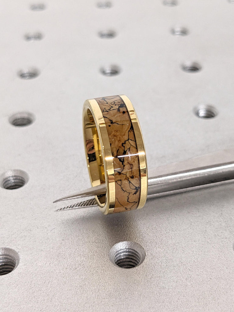 Rustic Mens' Engagement Ring in Yellow Gold Plated Tungsten: 8MM Wide, Comfort Fit, Dinosaur Bone Pattern Inlay, Polished Finishing