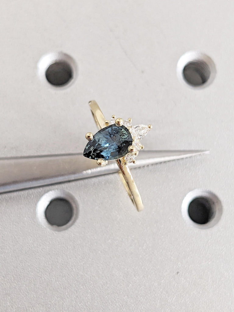 Peacock Sapphire Engagement Ring, 14k Solid Gold Birthstone Ring