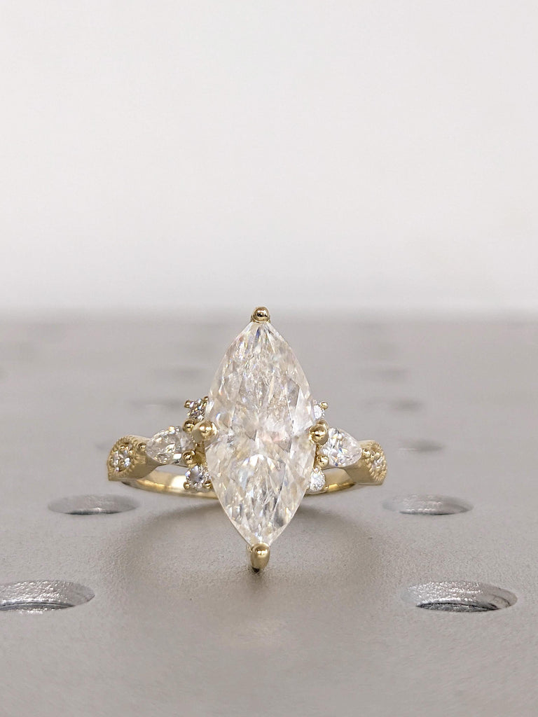 Marquise Moissanite Ring: 14K Yellow Gold Milgrain Engagement Ring
